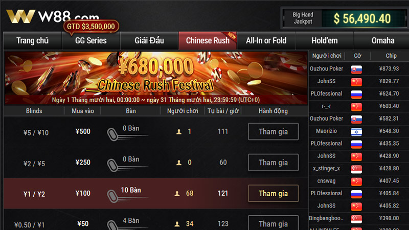 Game Chinese Rush tại W88 Poker