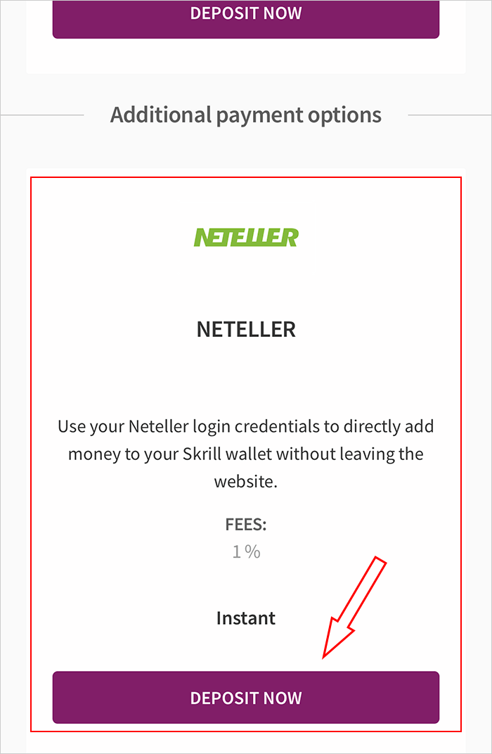 Chọn chuyển tiền vào Skrill bằng ví Neteller