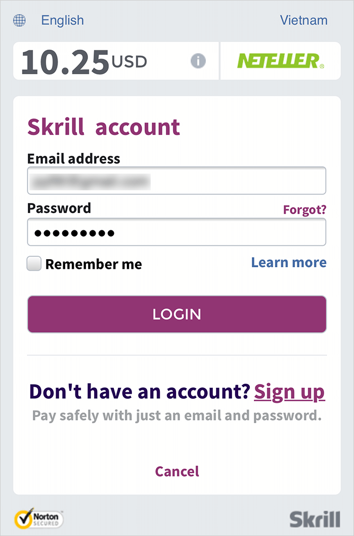 Đăng nhập Skrill để hoàn thành giao dịch