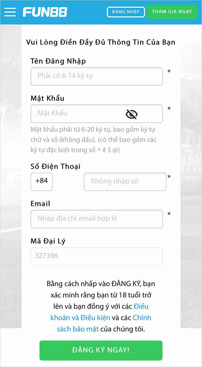 Điền thông tin đăng ký tài khoản Fun88