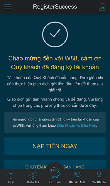 tạo tài khoản W88 trên điện thoại thành công