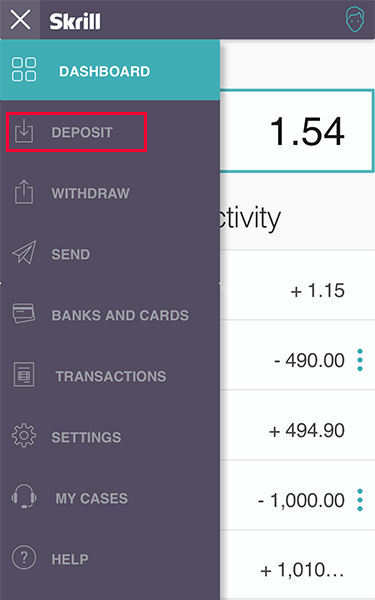 nạp tiền vào Skrill qua mục Deposit