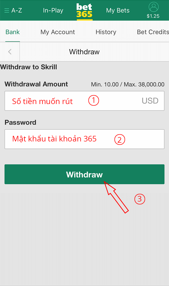 Đặt lệnh rút tiền từ bet365 về ví Skrill