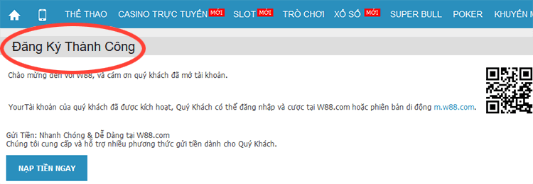 tạo tài khoản cá cược W88 thành công