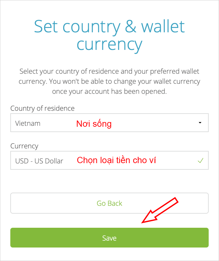 Chọn loại tiền khi tạo ví Neteller