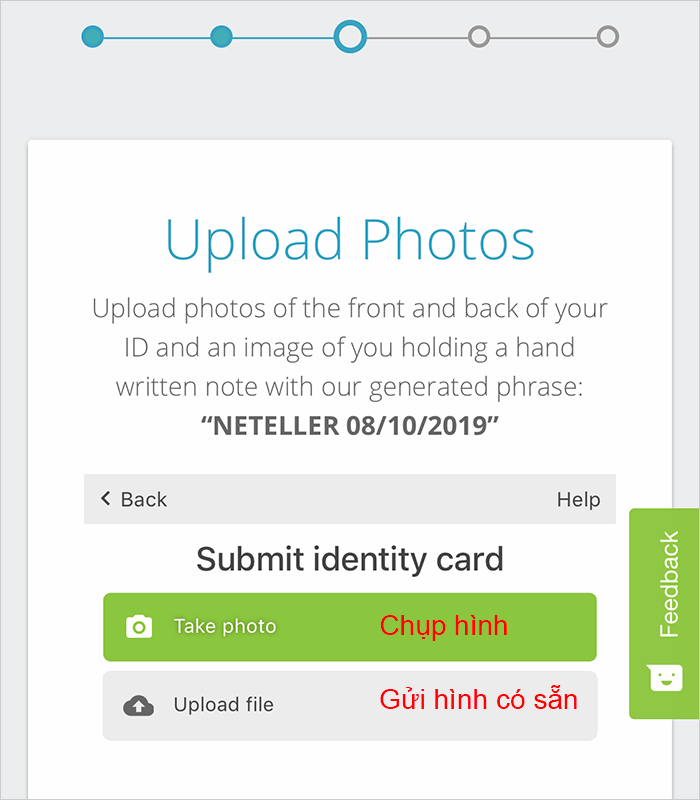 Chọn cách chụp hình hoặc upload giấy tờ cho Neteller